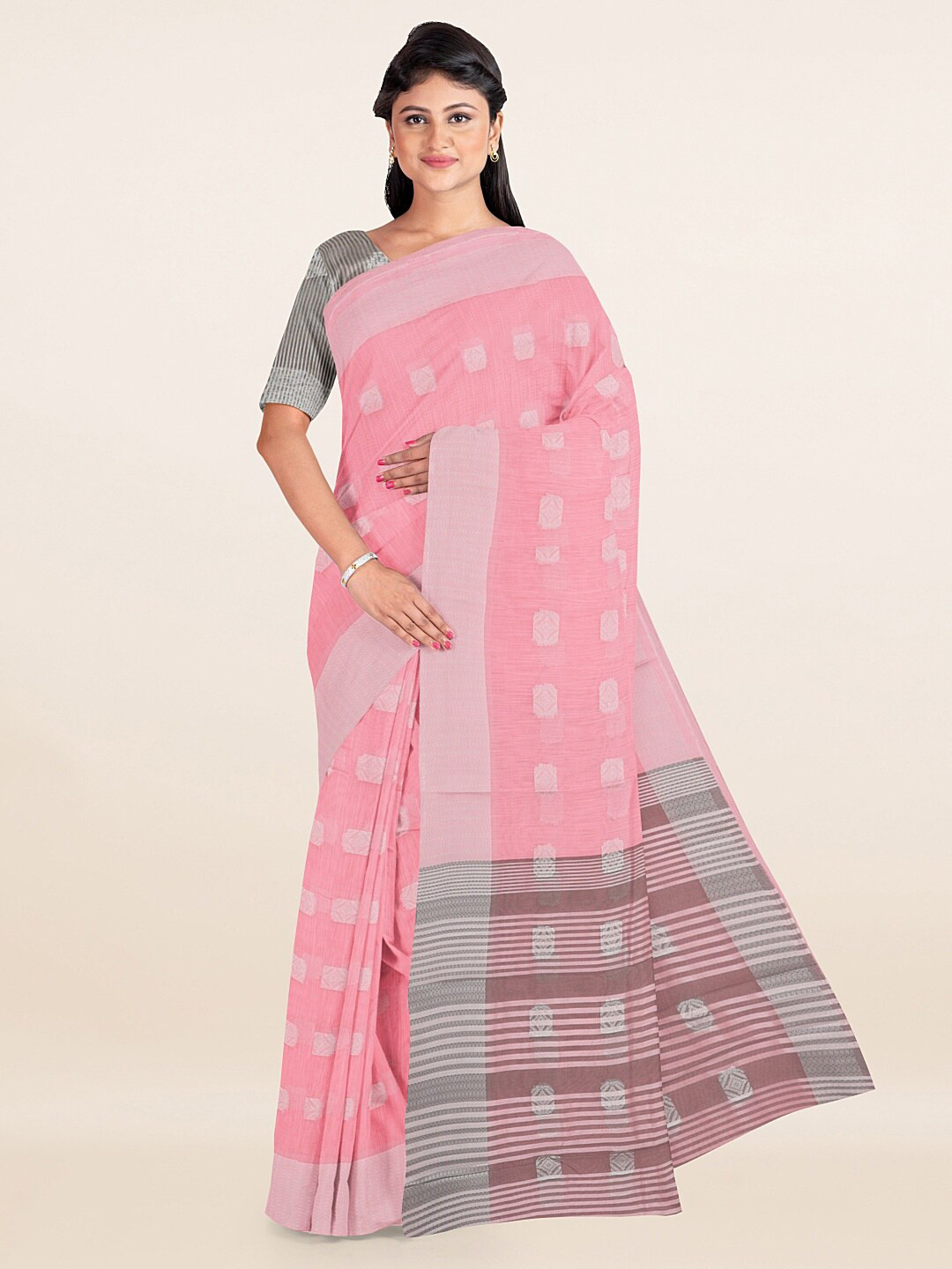 

Pothys Pink & Silver-Toned Ethnic Motifs Woven Design Saree
