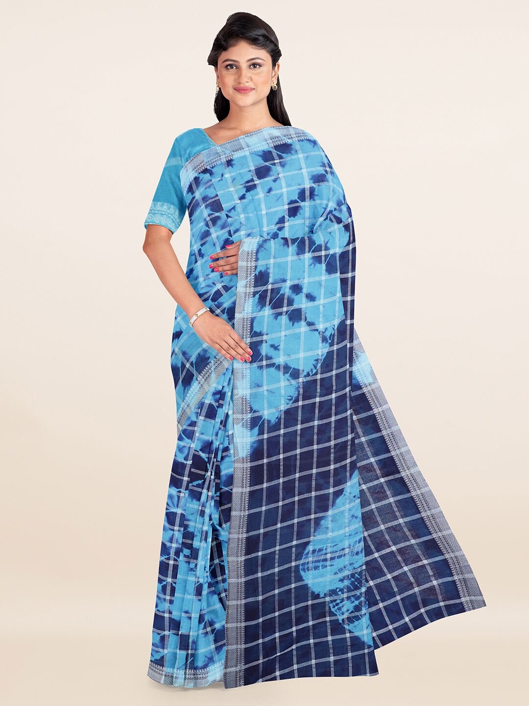 

Pothys Blue & Navy Blue Tie and Dye Checked Pure Cotton Saree