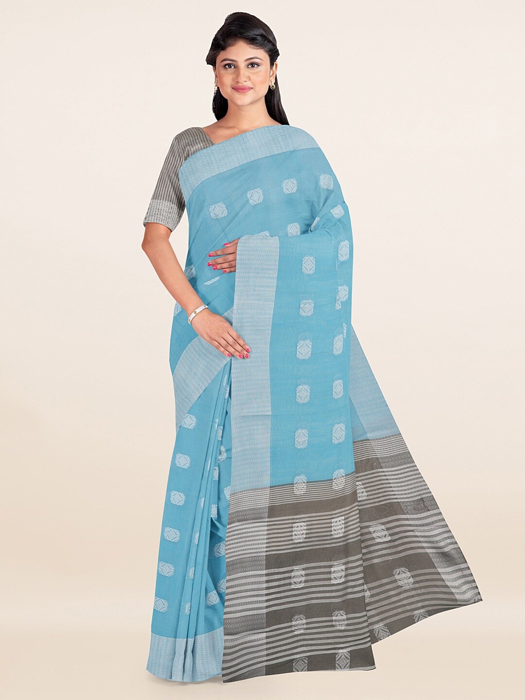 

Pothys Women Blue & Grey Silver-Toned Abstract Woven Design Saree