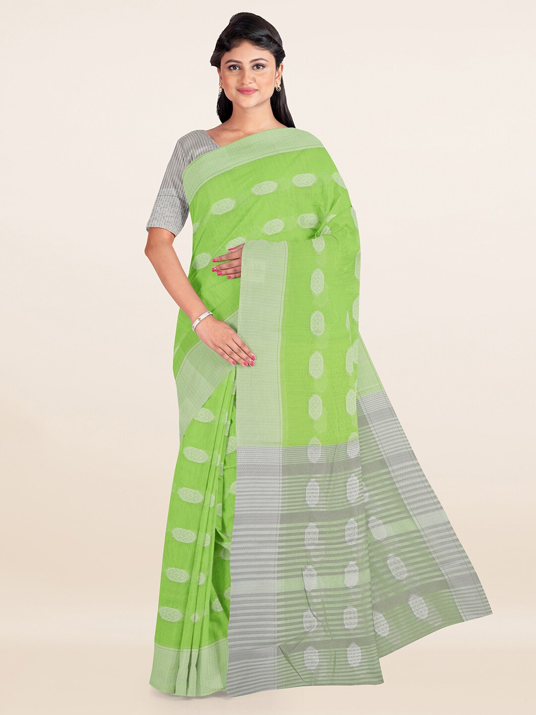 

Pothys Green & Grey Ethnic Motifs Cotton Blend Zari Saree