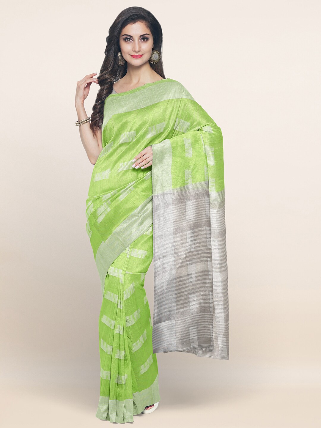 

Pothys Green & Grey Printed Zari Saree