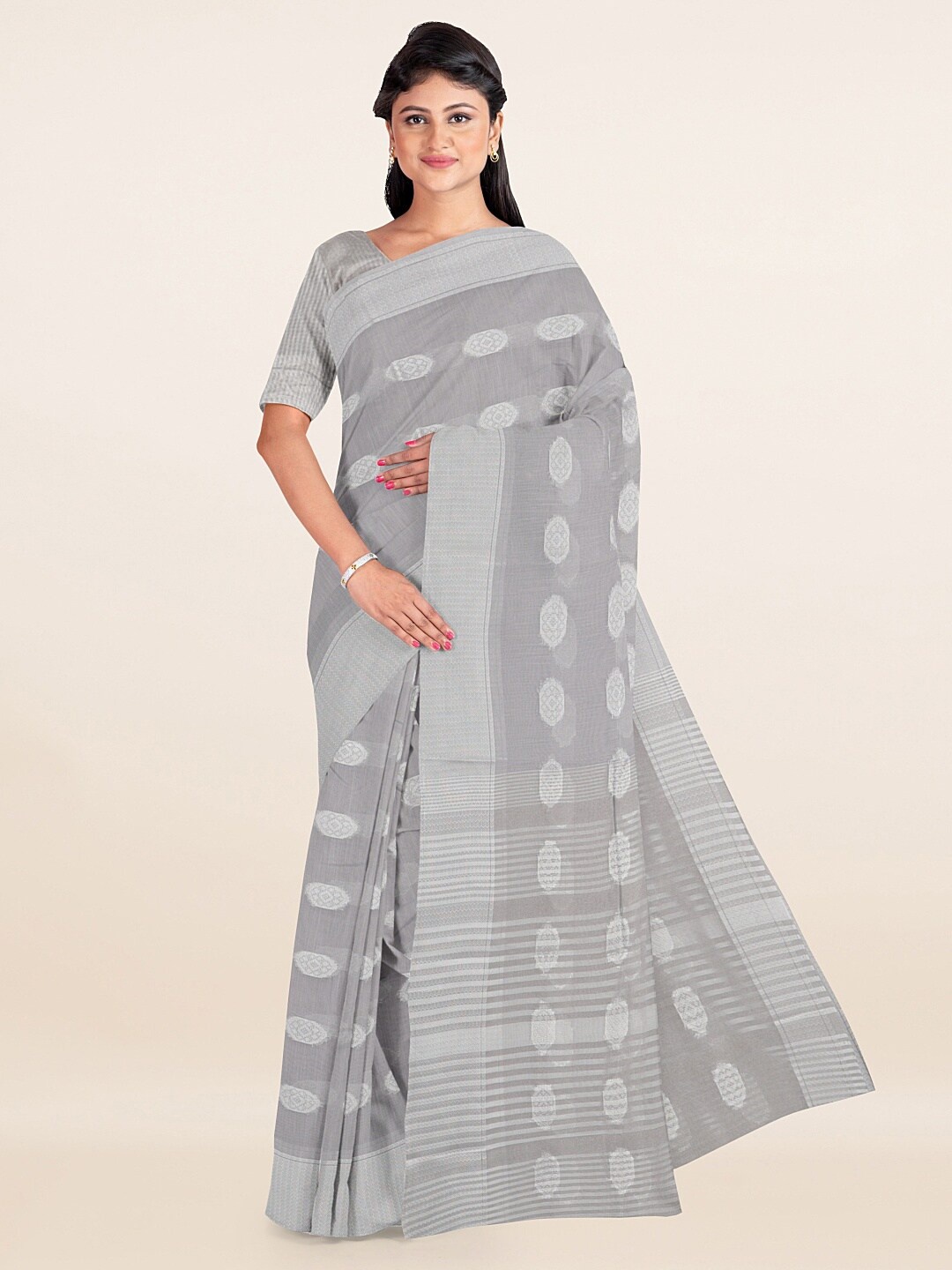 

Pothys Grey & Silver-Toned Woven Design Zari Cotton Blend Saree