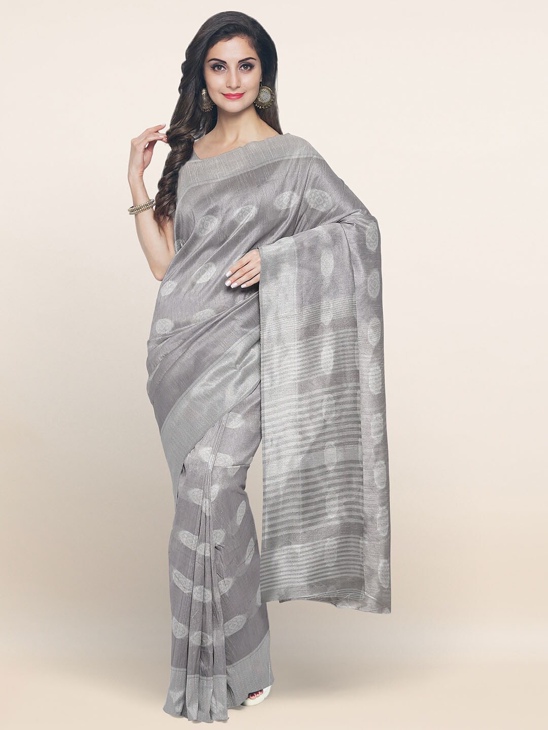 

Pothys Grey & Silver-Toned Ethnic Motifs Woven Design Zari Saree