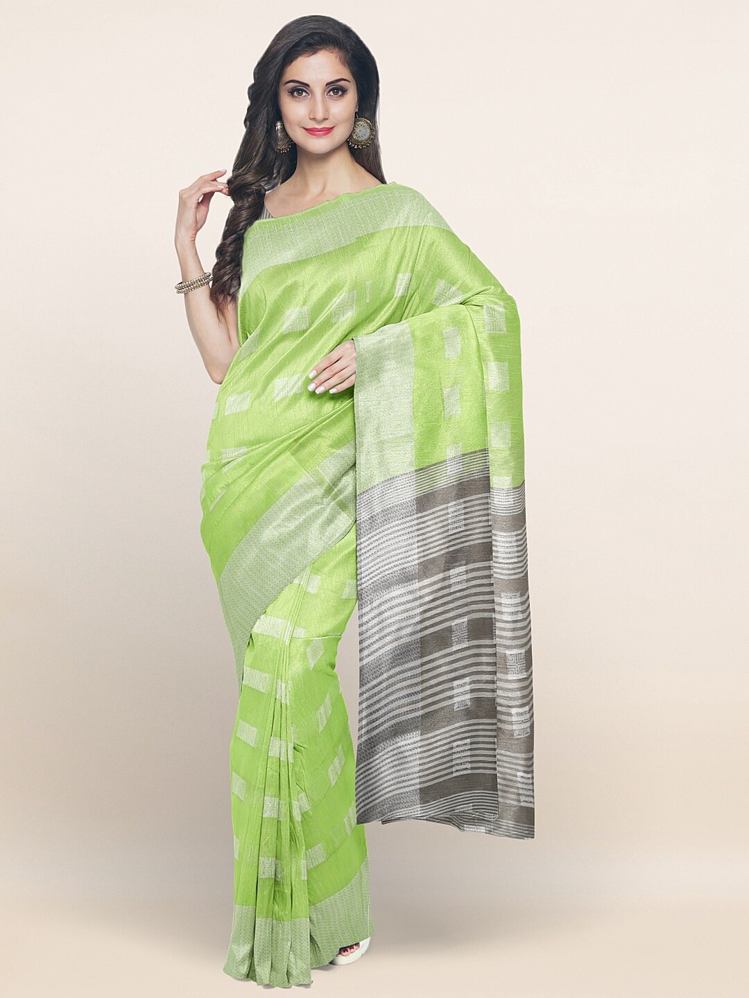

Pothys Green & Grey Silver-Toned Abstract Woven Design Saree