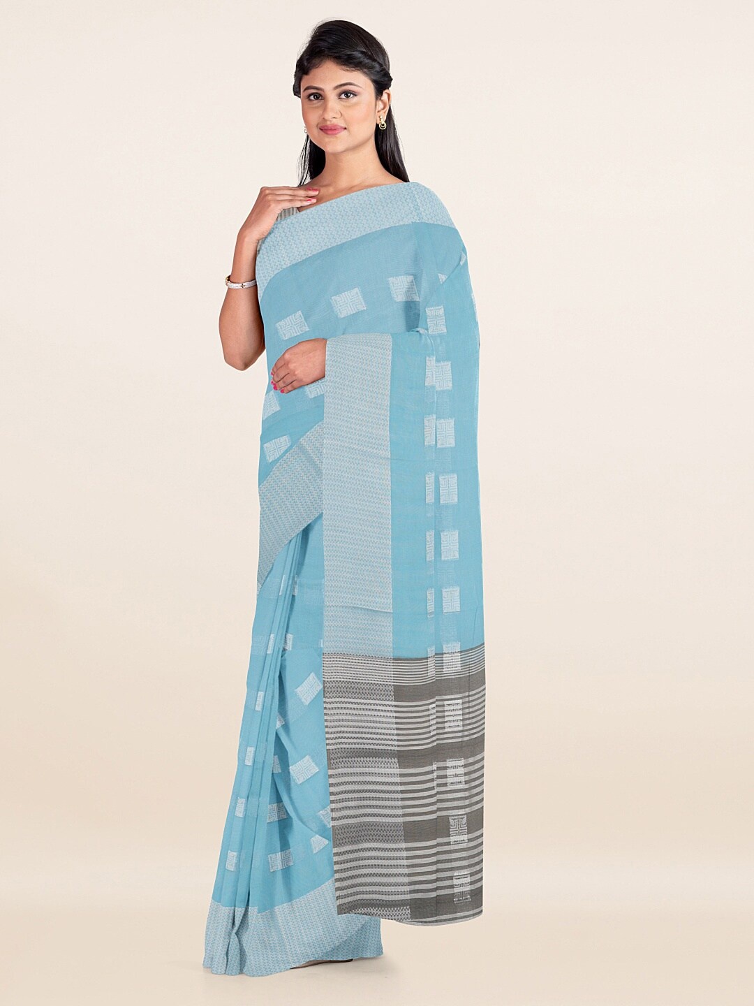 

Pothys Blue & Grey Ethnic Motifs Woven Design Zari Saree