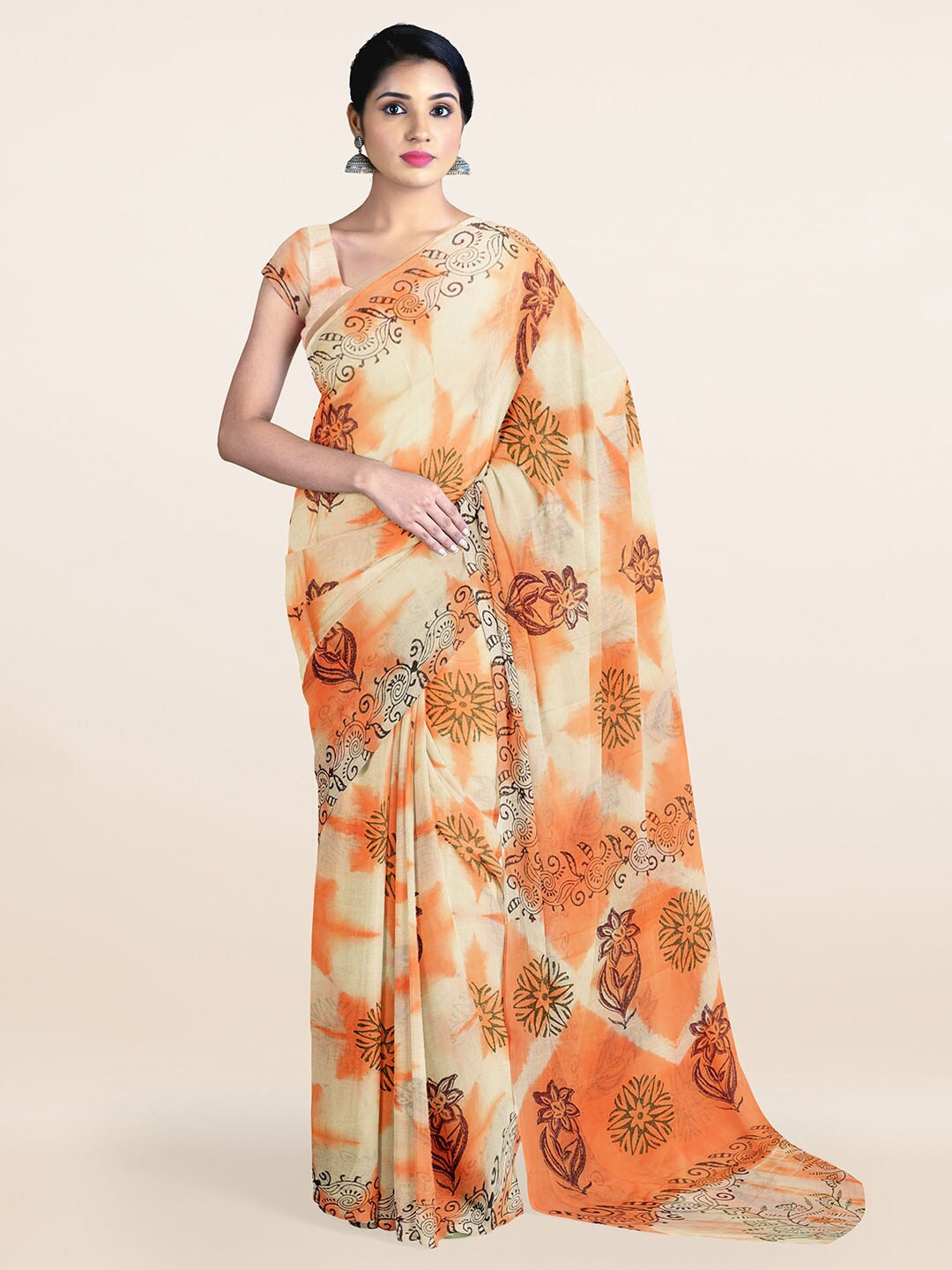 

Pothys Cream-Coloured & Orange Abstract Printed Pure Cotton Saree