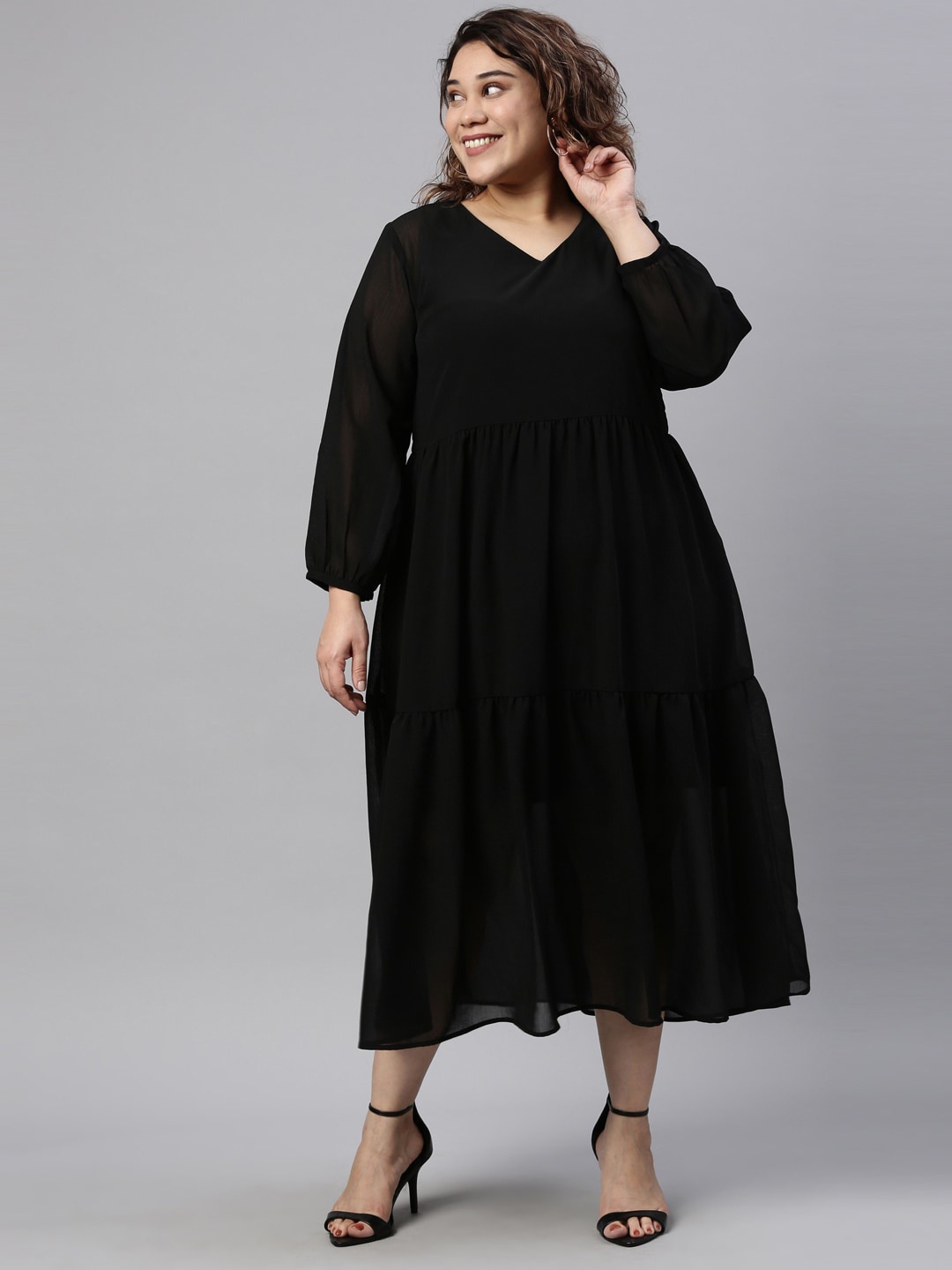 

The Pink Moon Women Black Plus Size Chiffon Empire Midi Dress