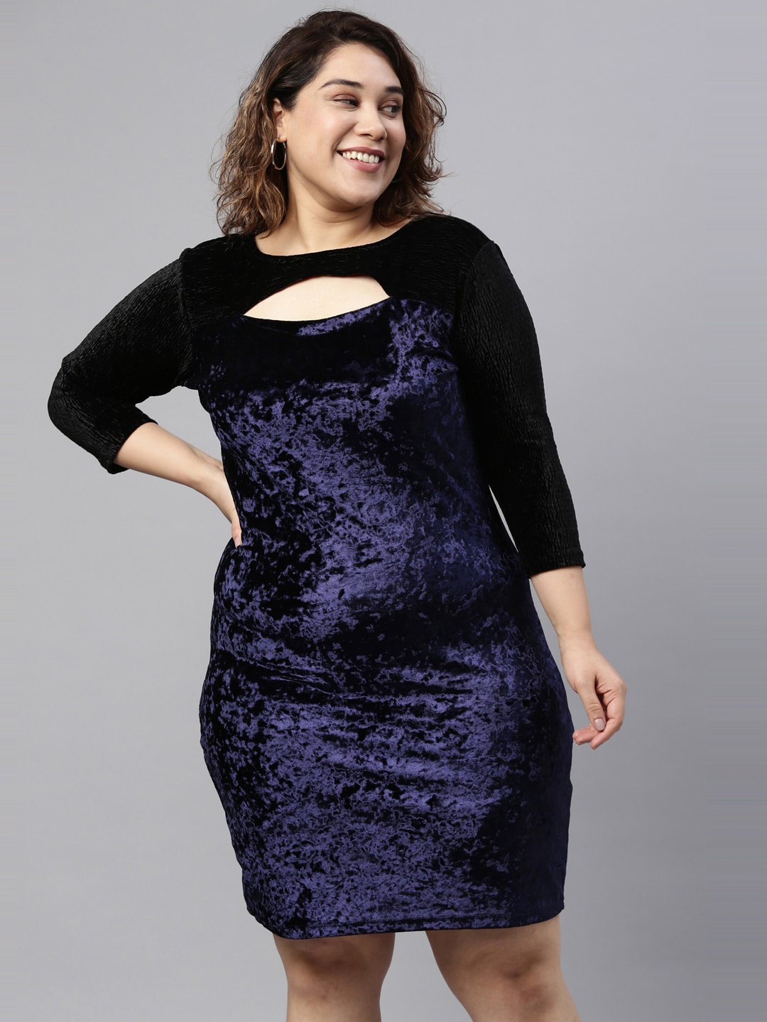 

The Pink Moon Plus Size Navy Blue Velvet Cut-Out Detail Sheath Dress