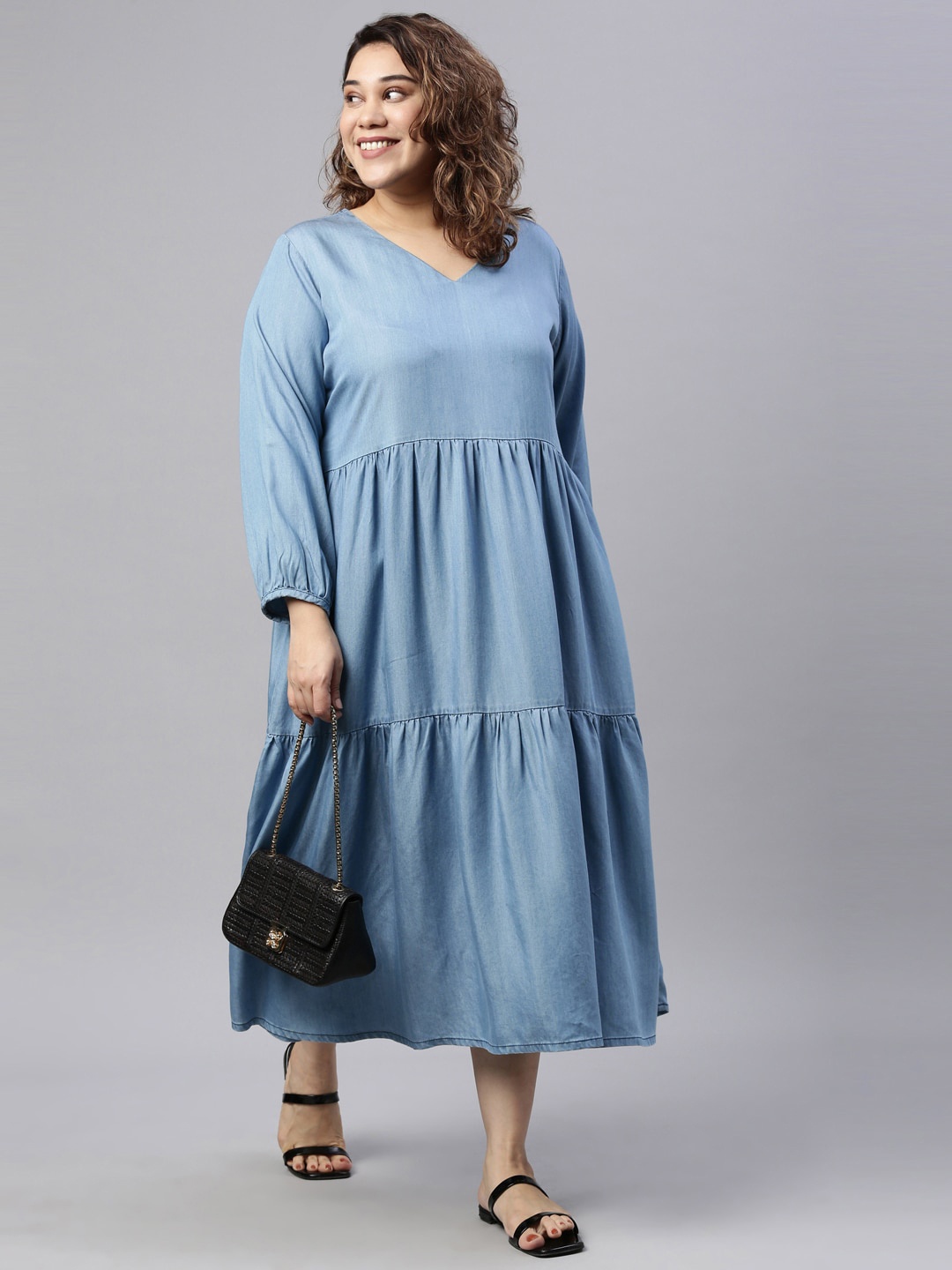 

The Pink Moon Blue Denim A-Line Tiered Midi Dress