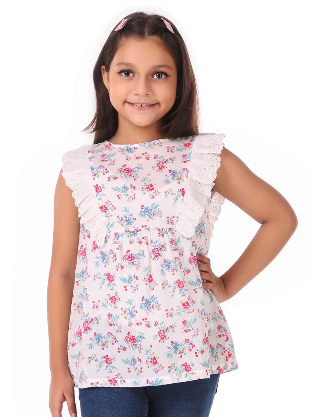 

Miyo Girls White Floral Printed Top