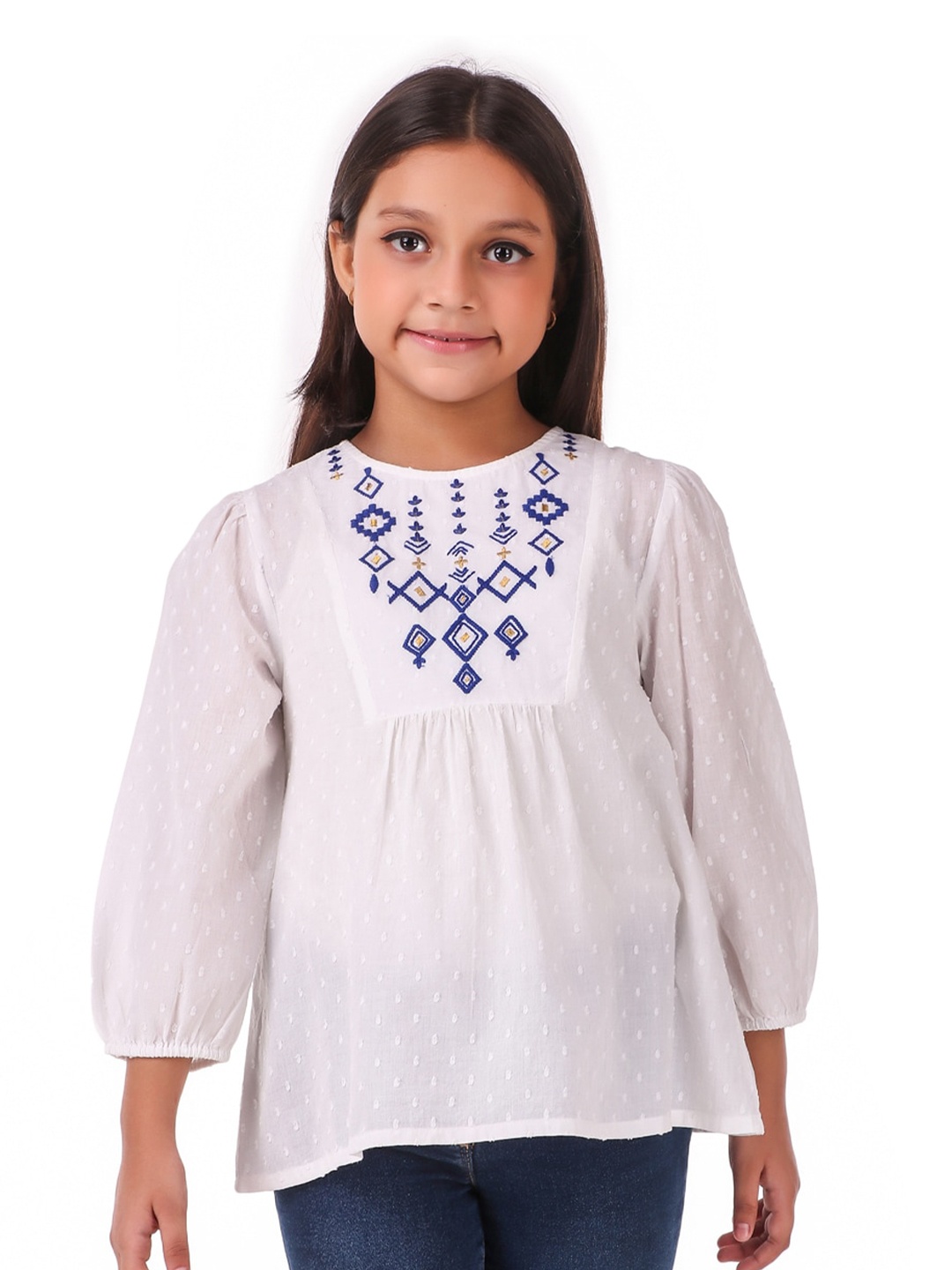 

Miyo White Tribal Embroidered A-Line Top