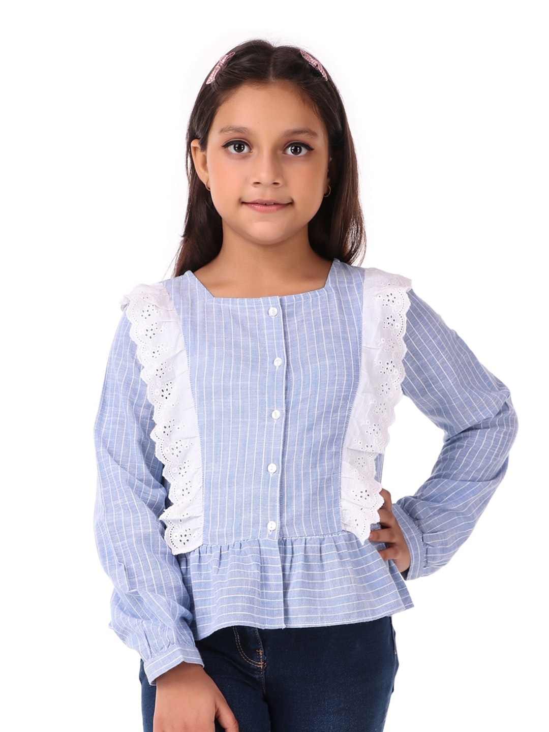 

Miyo Girls Blue Striped Peplum Winter Top With Lace Detail