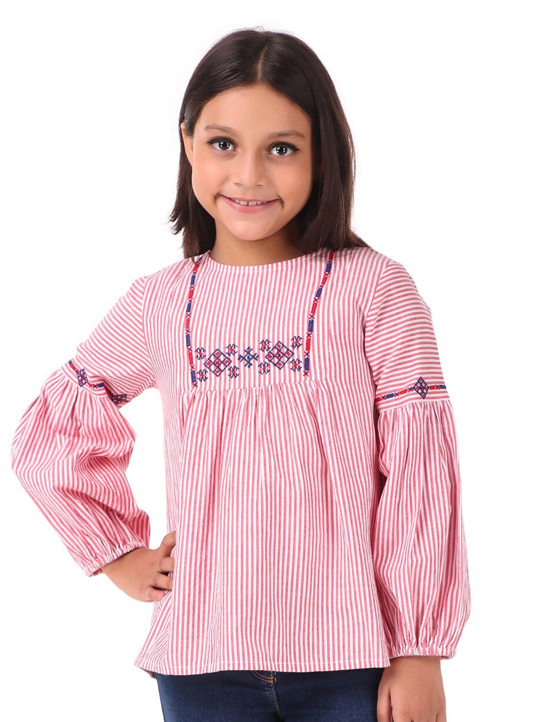 

Miyo Red & White Stripe Print Bishop Sleeves Top