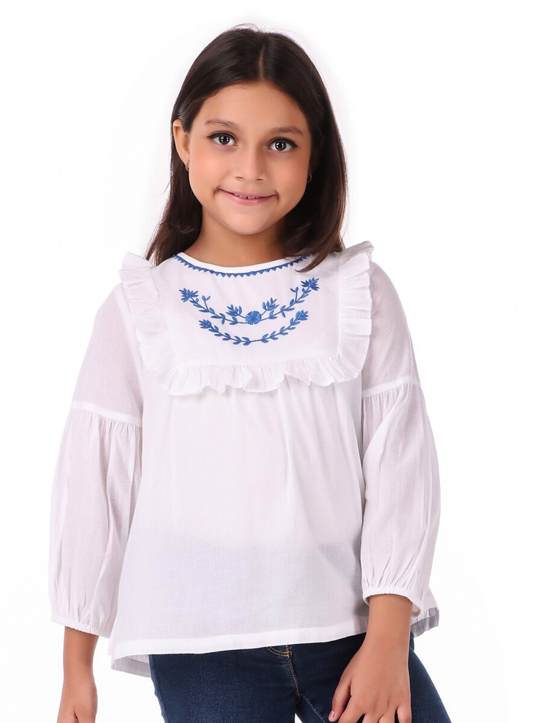 

Miyo Girls White & Blue Floral Embroidered Top