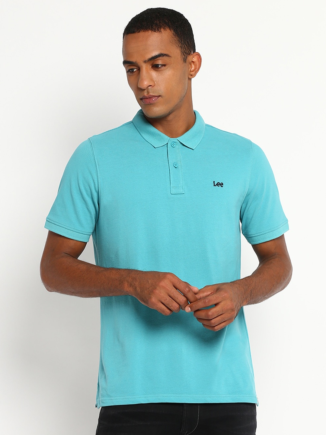 

Lee Men Blue Solid Polo Collar Slim Fit Cotton T-shirt