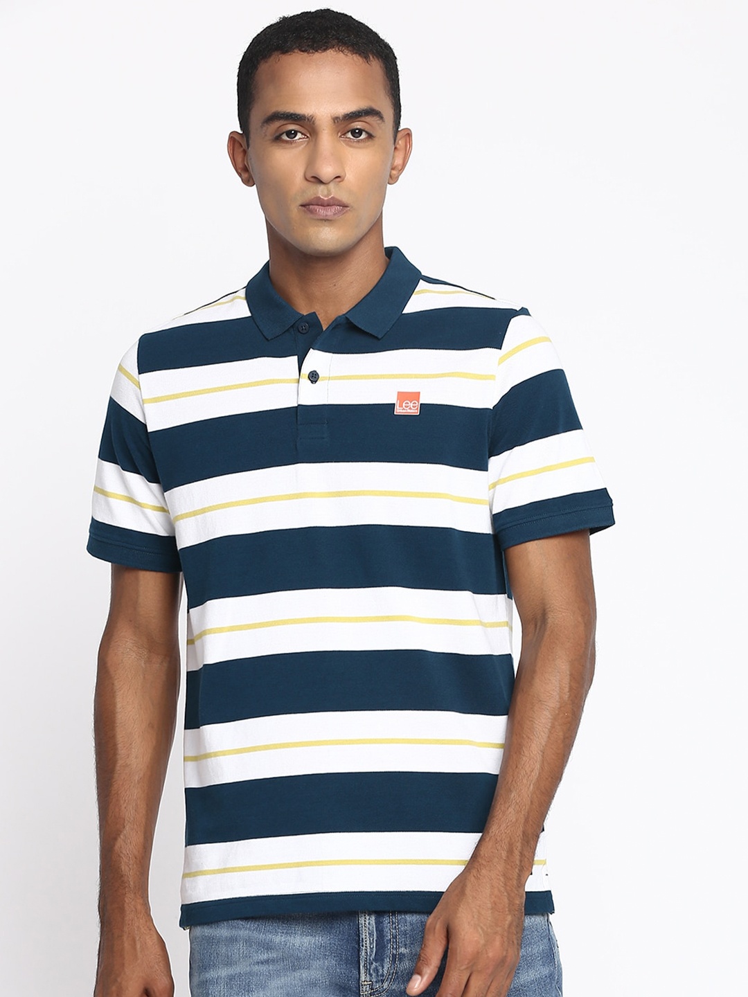 

Lee Men Blue & White Striped Polo Collar Slim Fit T-shirt