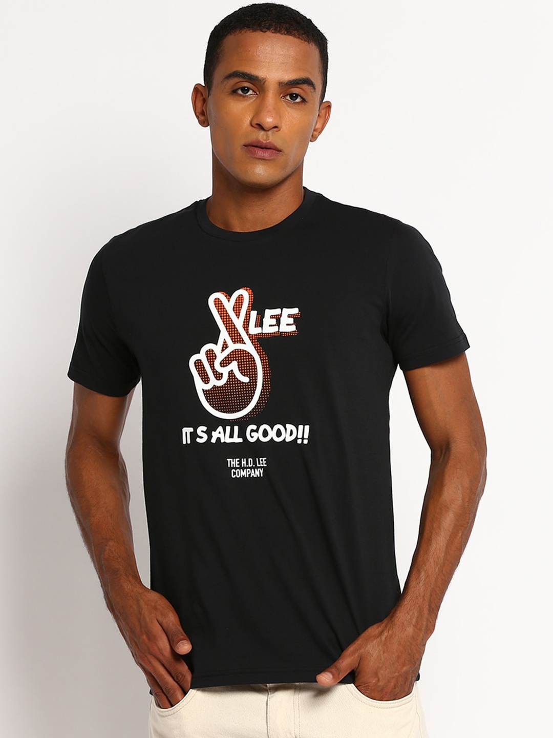 

Lee Men Black & Orange Printed Round Neck Cotton T-shirt