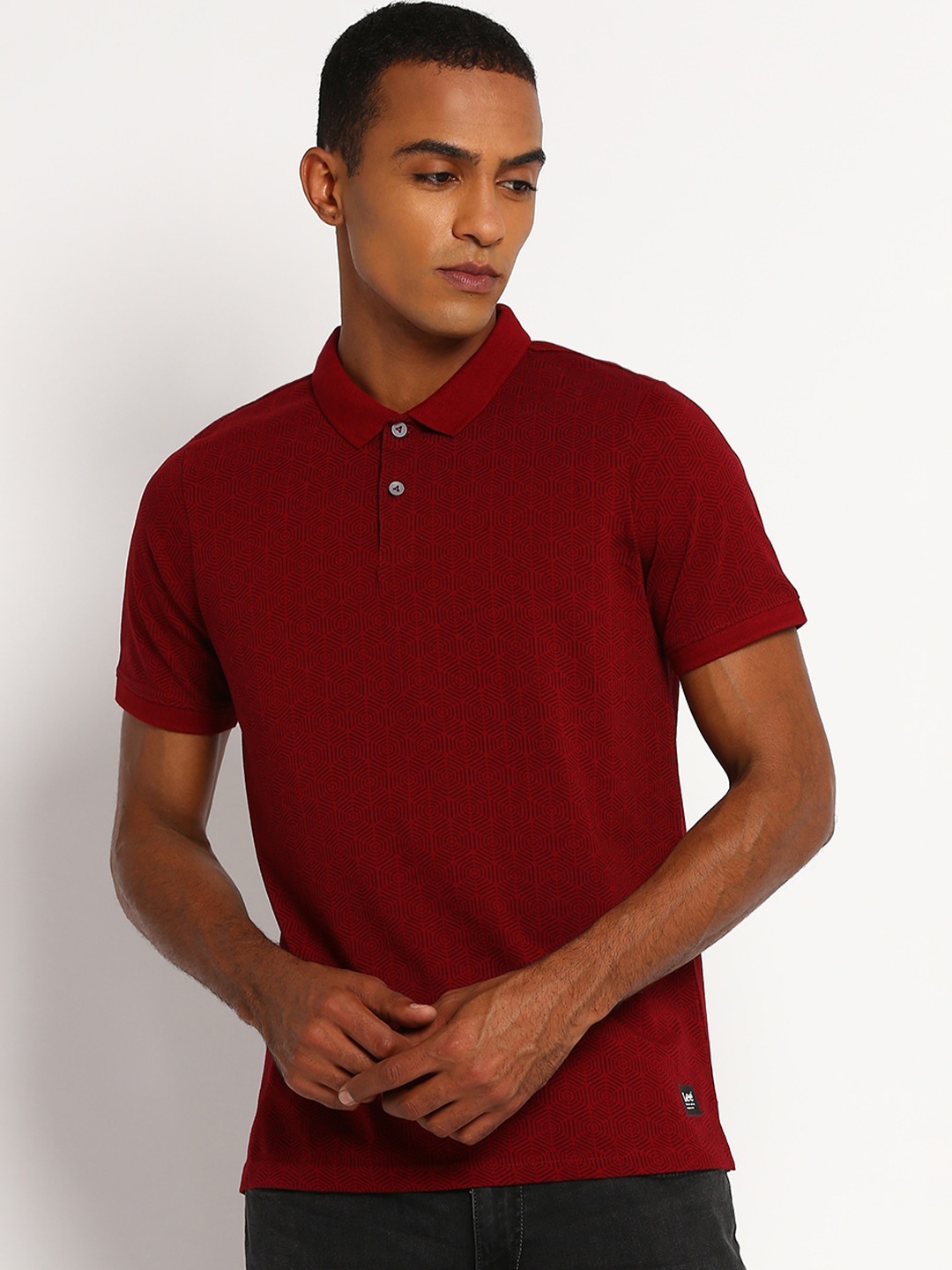 

Lee Men Maroon Printed Polo Collar Slim Fit Cotton T-shirt