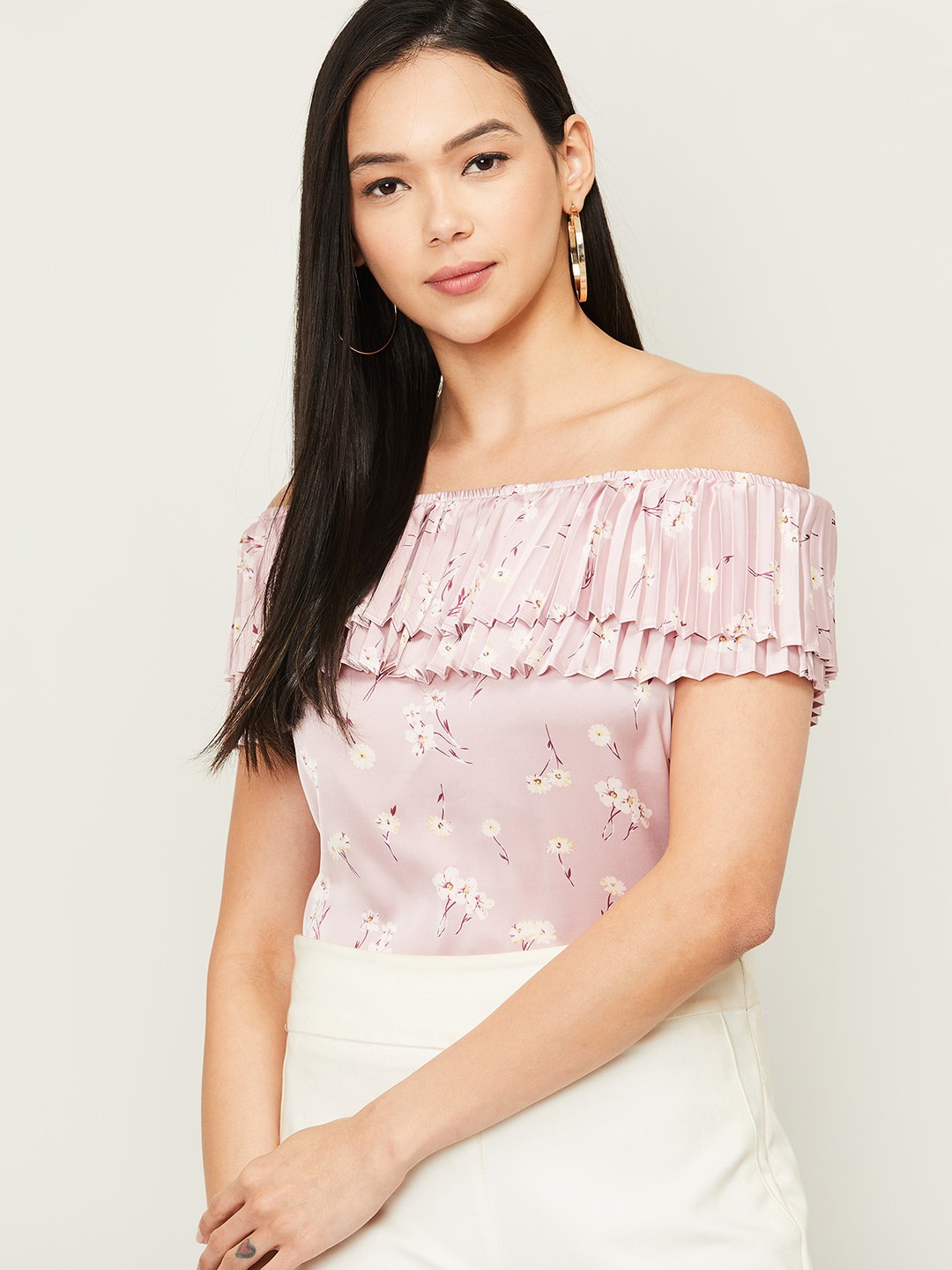 

CODE by Lifestyle Pink Floral Print Off-Shoulder Bardot Top