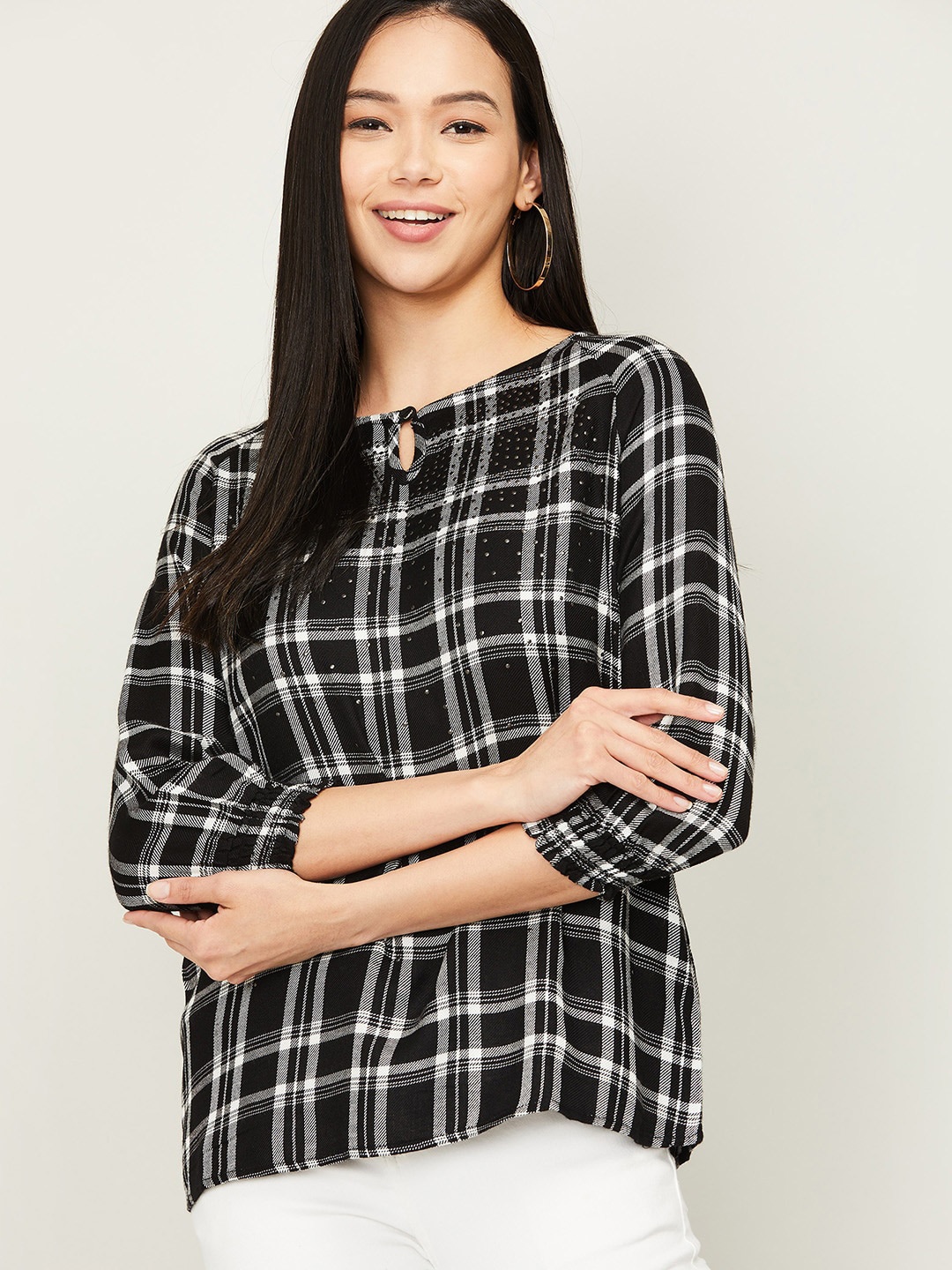 

Fame Forever by Lifestyle Black & White Checked Keyhole Neck Top