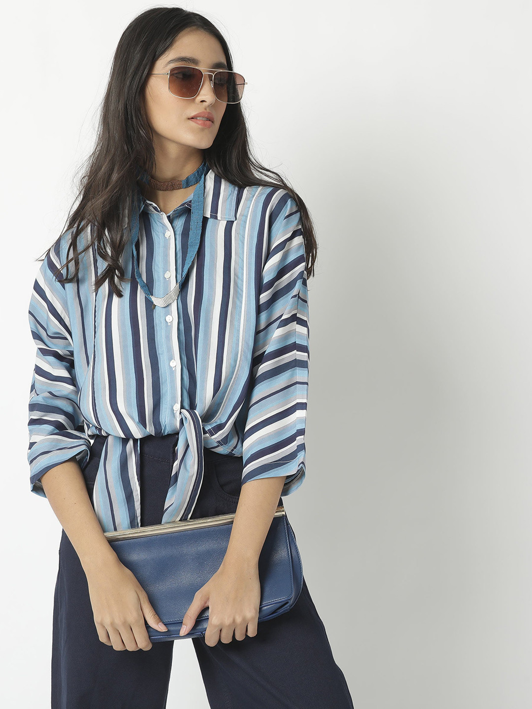 

RAREISM Women Blue & White Striped Shirt Style Top