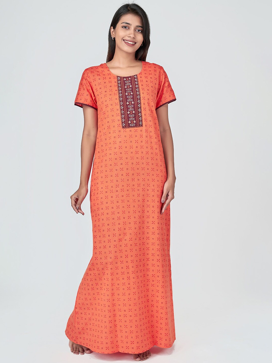 

Maybell Orange Embroidered Pure Cotton Maxi Nightdress
