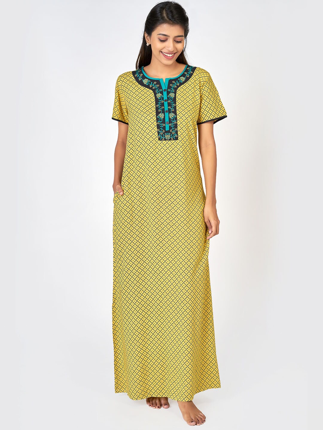 

Maybell Yellow Printed Cotton Maxi Nightdress with Embroidered
