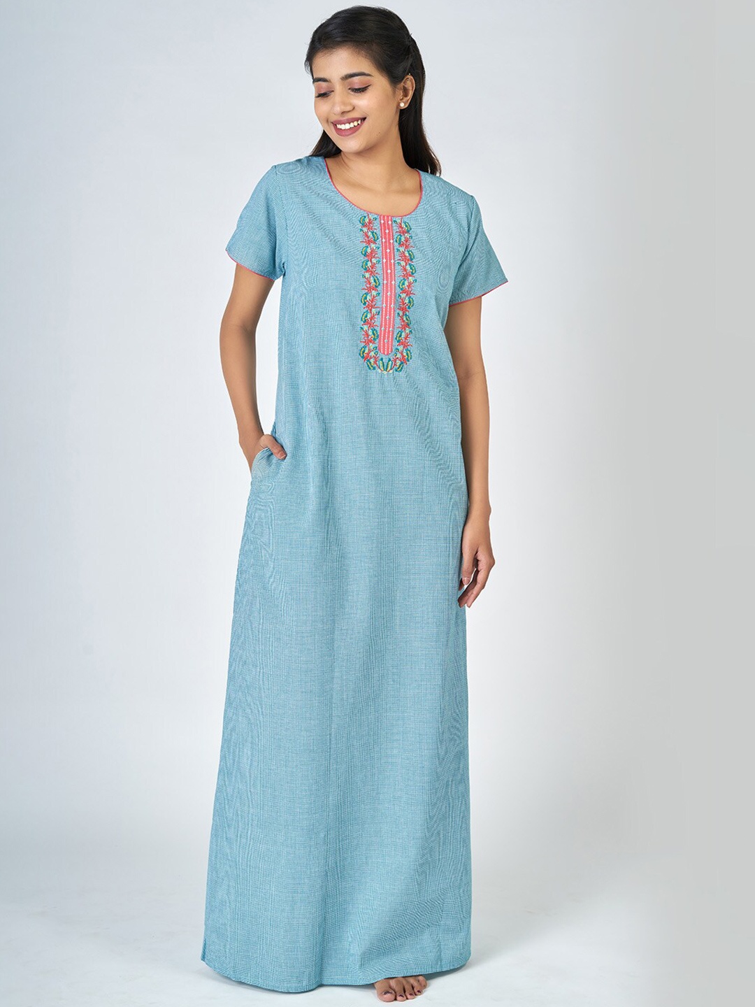 

Maybell Blue & White Micro Checked Pure Cotton Maxi Nightdress
