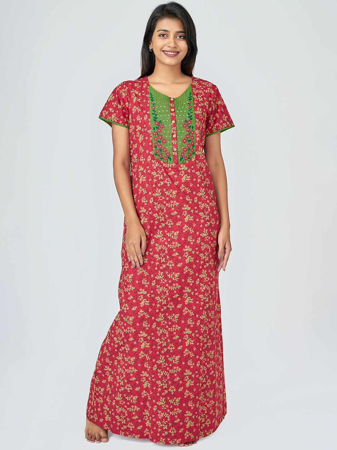 

Maybell Red Embroidered Maxi Pure Cotton Nightdress