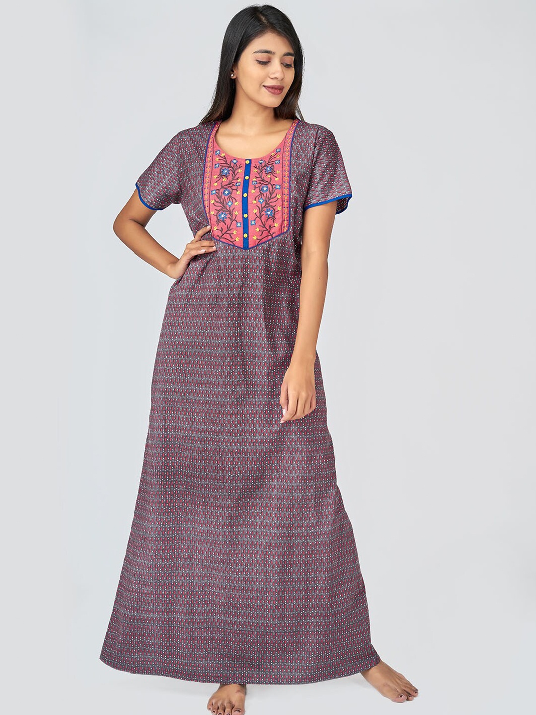 

Maybell Grey & Pink Printed Pure Cotton Maxi Nightdress