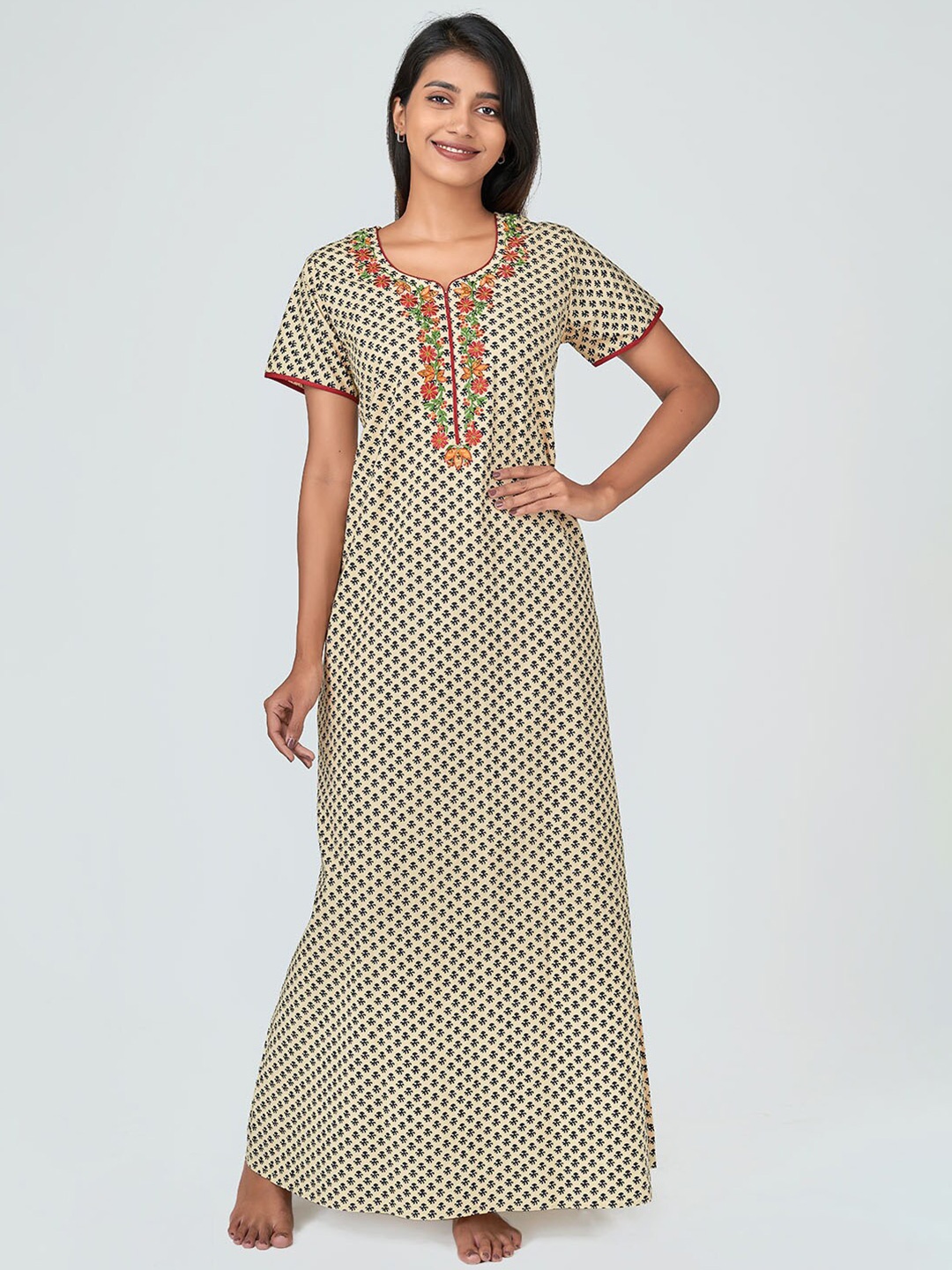 

Maybell Beige Printed Pure Cotton Maxi Nightdress