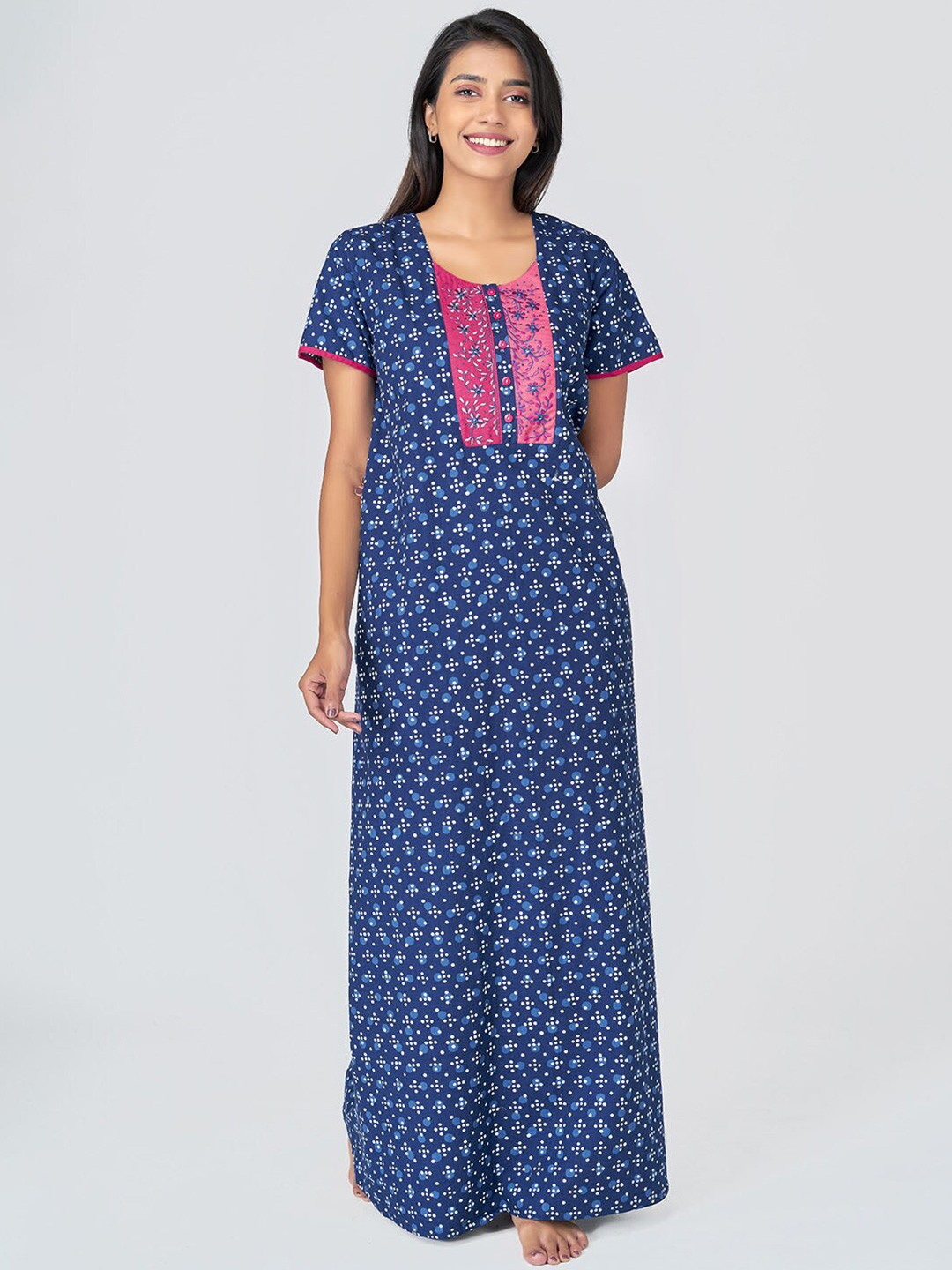 

Maybell Navy Blue Printed Cotton Maxi Nightdress with Embroidered