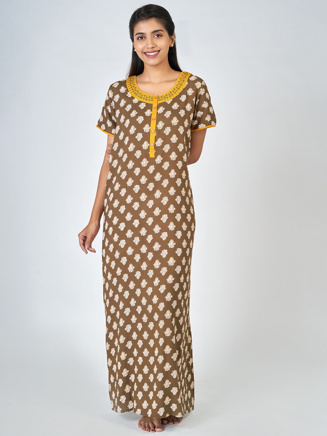 

Maybell Ethnic Motifs Printed Pure Cotton Maxi Nightdress, Olive