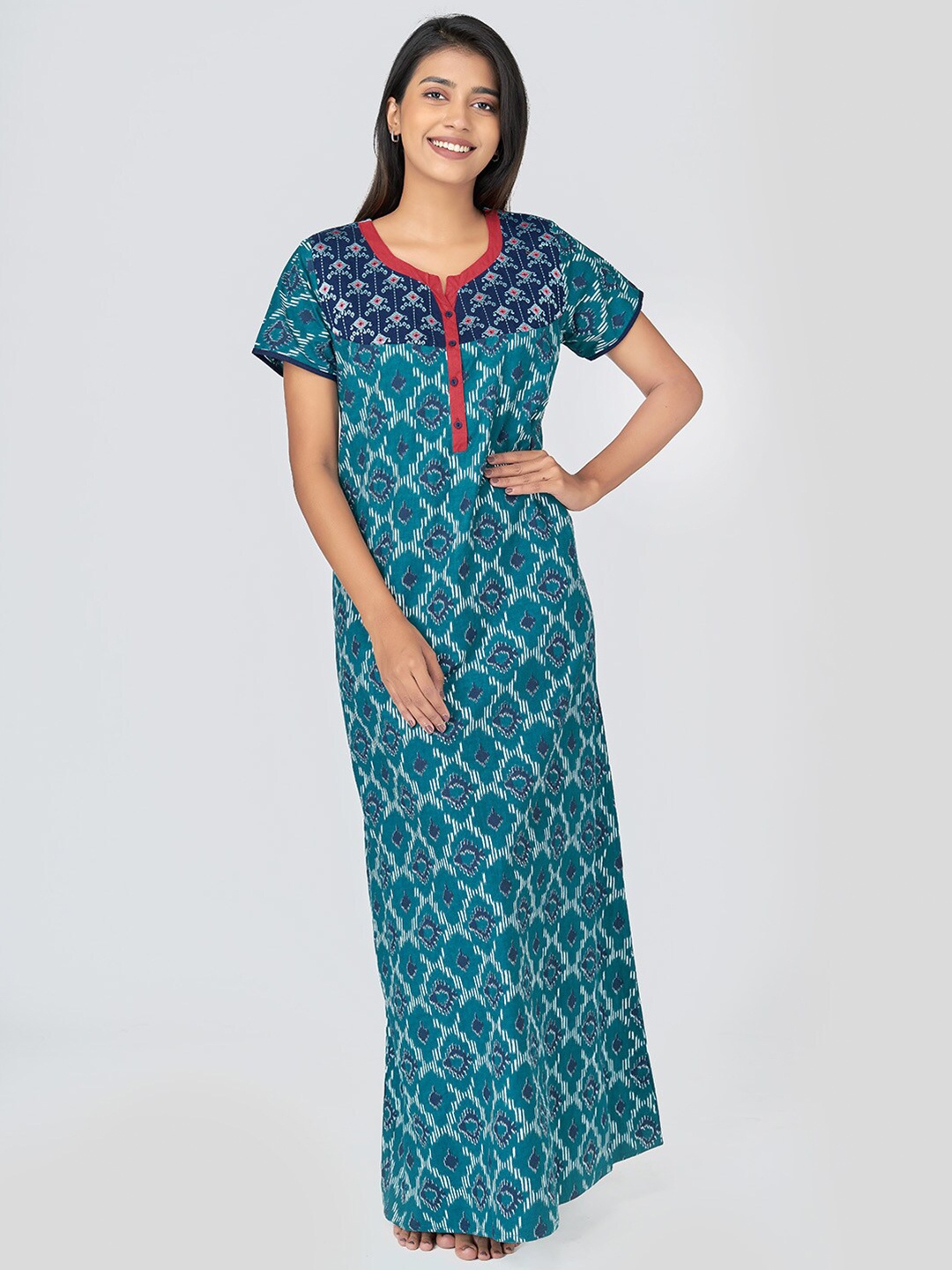

Maybell Green Printed Pure Cotton Maxi Nightdress