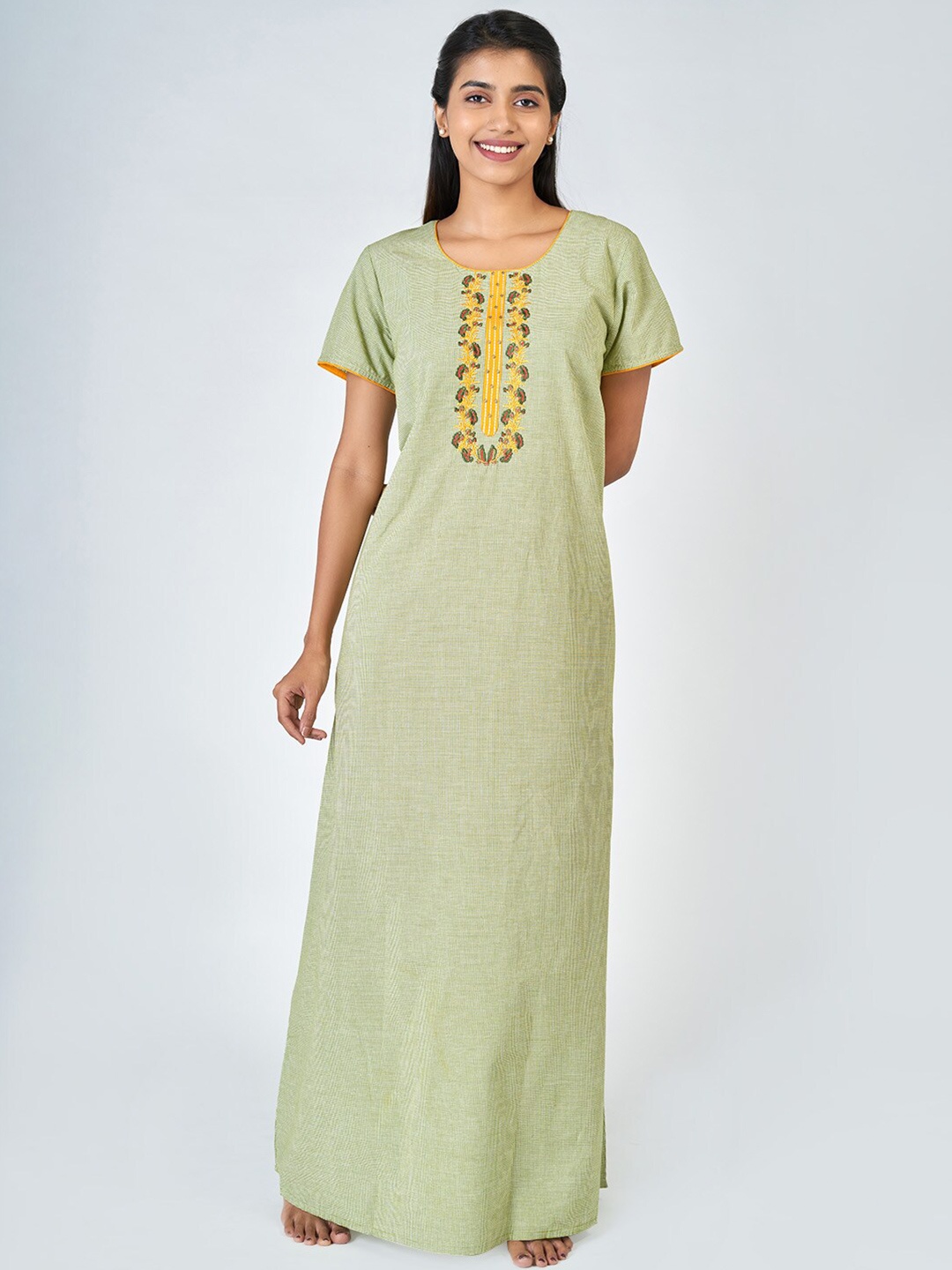 

Maybell Green Printed Maxi Pure Cotton Nightdress