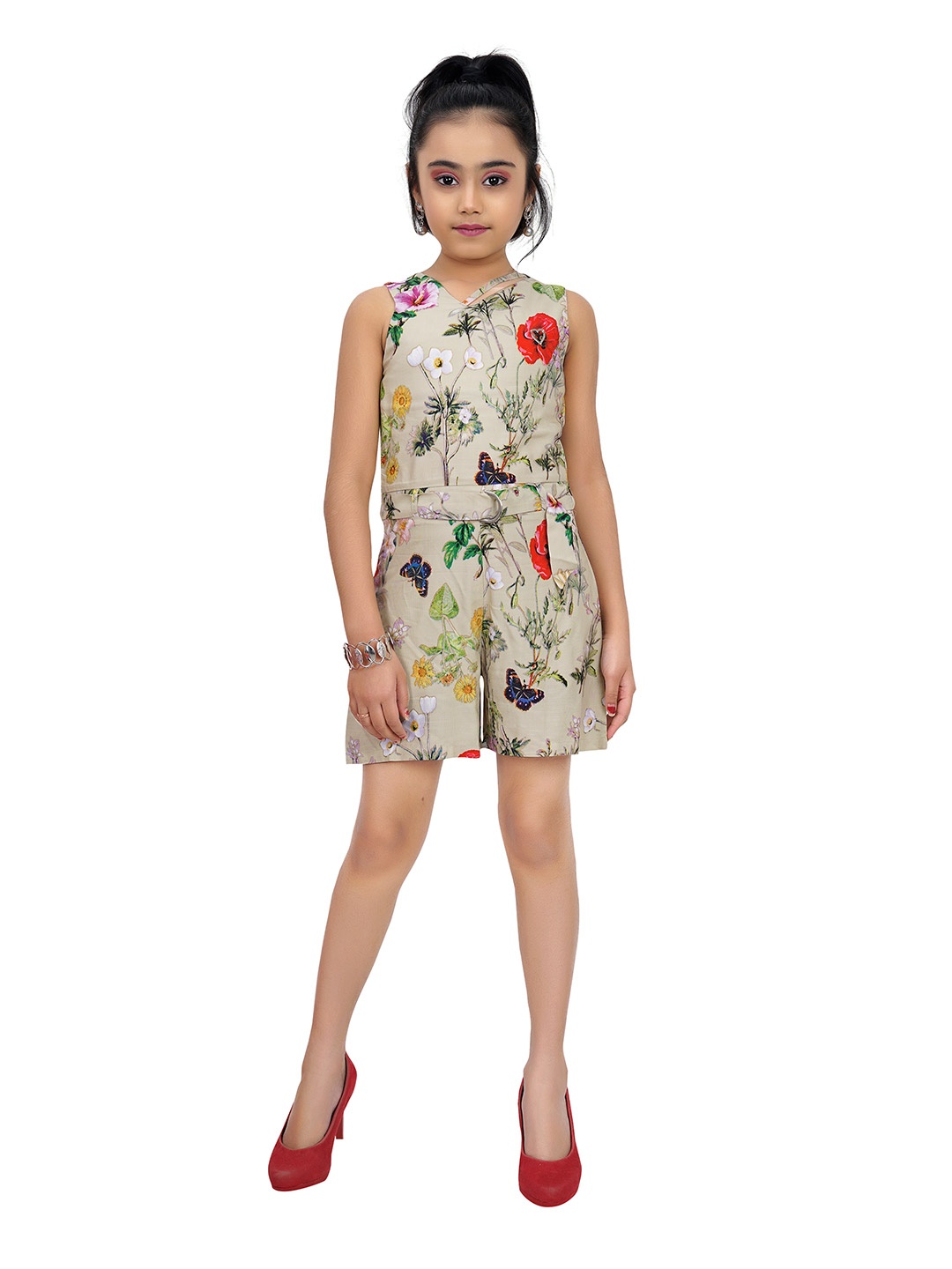 

Tiny Girl Girls Beige & Green Printed Sleeveless Jumpsuit