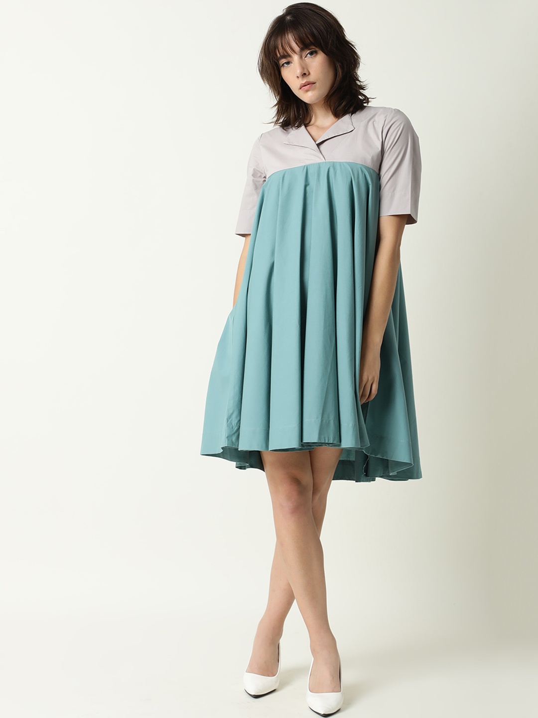 

RAREISM Women Green & Grey Colourblocked Round Neck Empire Dress