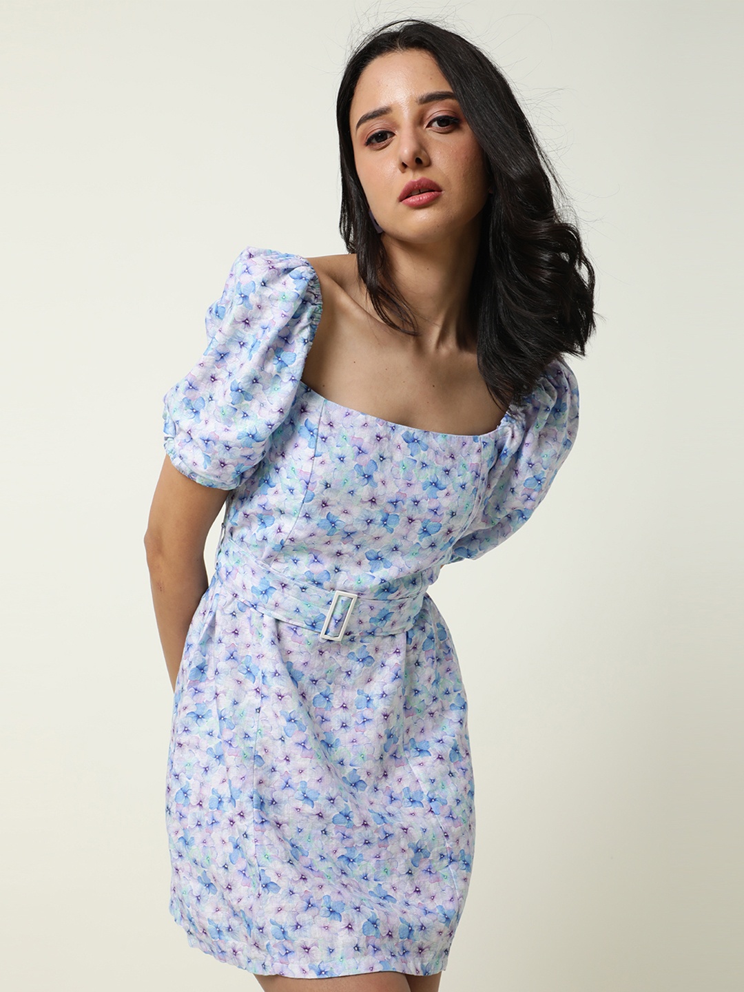 

RAREISM Floral A-Line Puffed Sleeves Cotton Dress With Fabric Belt, Na