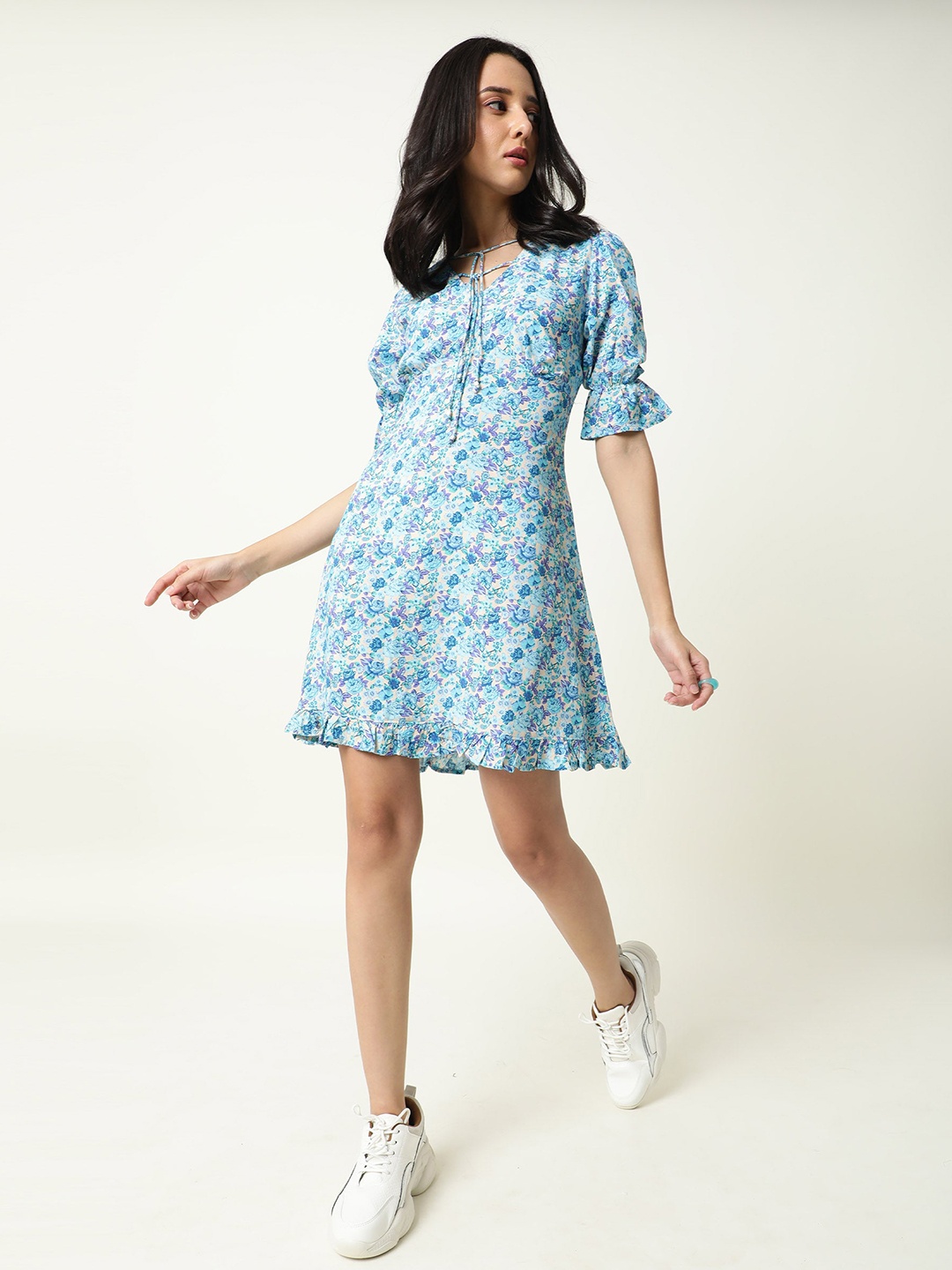 

RAREISM Blue Floral Tie-Up Neck A-Line Dress