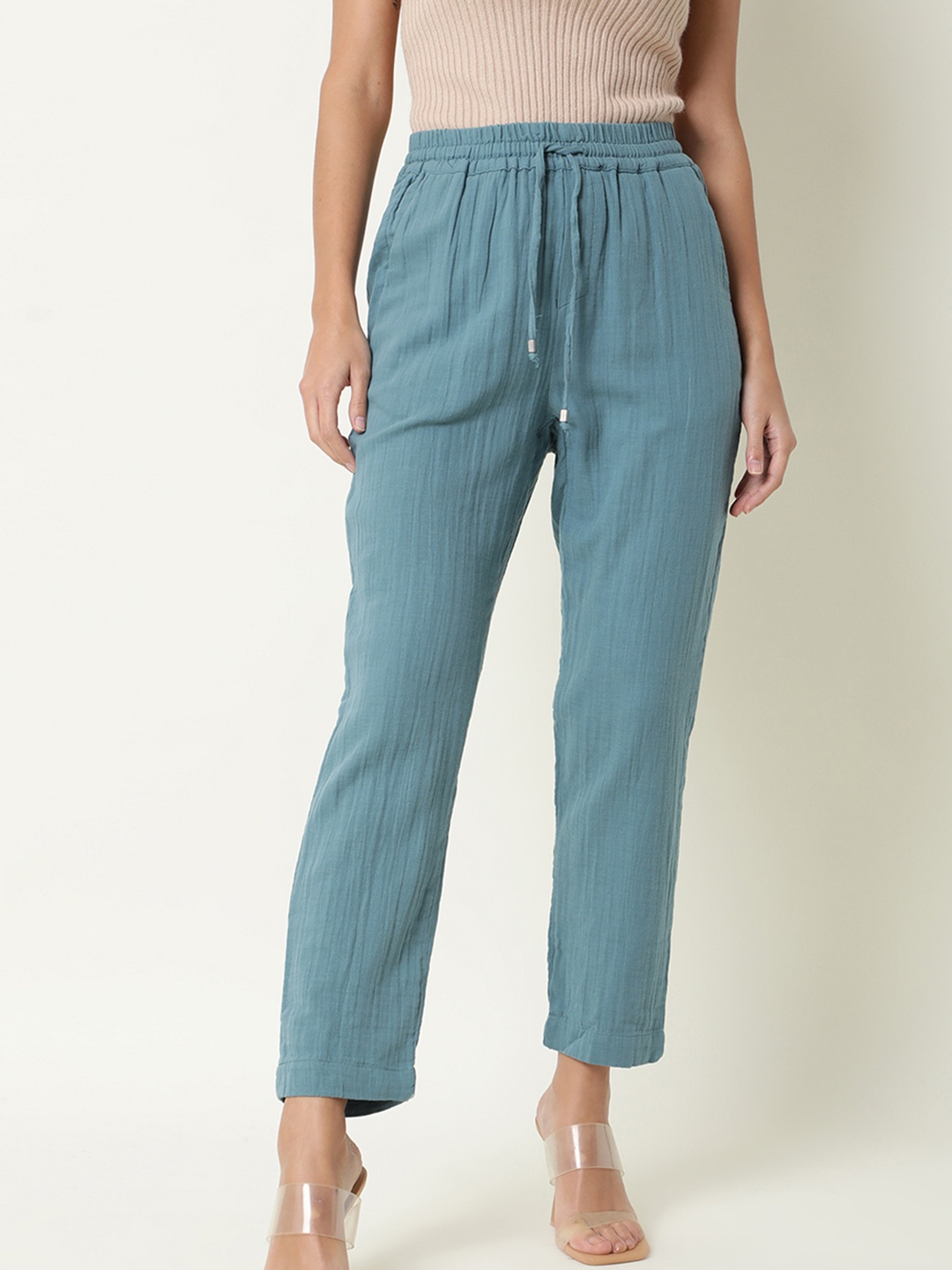 

RAREISM Women Green Tailored High-Rise Regular Fit Cotton Trousers