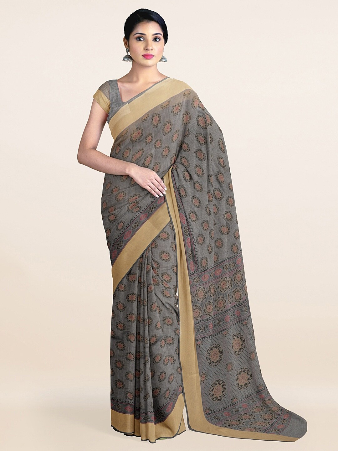 

Pothys Grey & Beige Ethnic Motifs Printed Cotton Blend Saree