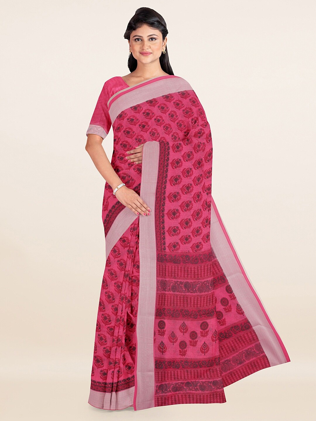 

Pothys Pink Ethnic Motifs Zari Cotton Blend Saree