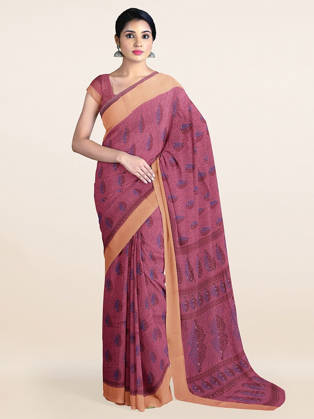 

Pothys Pink & Blue Ethnic Motifs Printed Zari Saree
