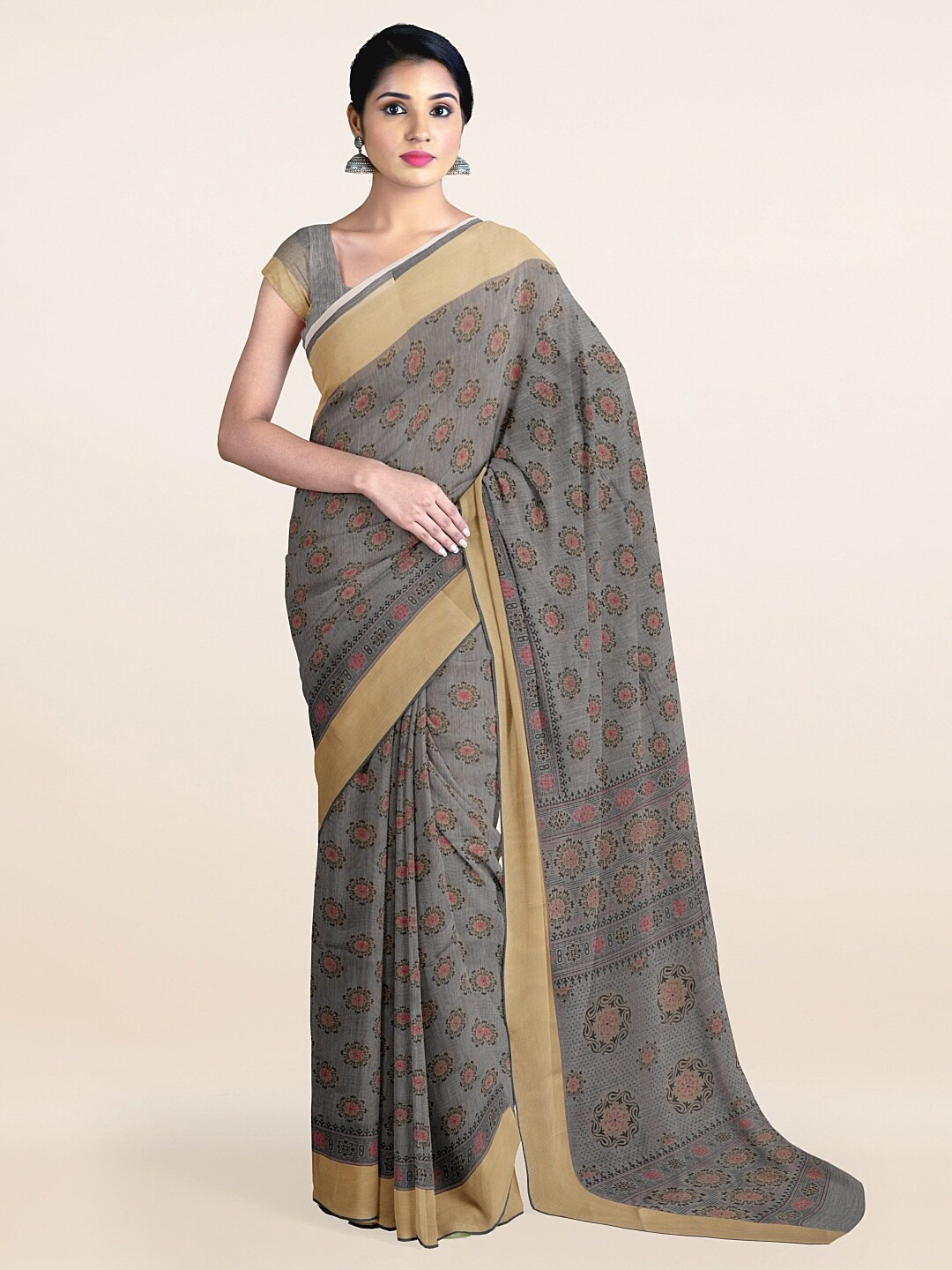 

Pothys Grey & Gold-Toned Ethnic Motifs Printed Cotton Blend Zari Saree