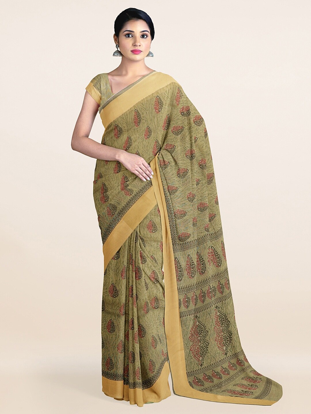 

Pothys Green & Red Ethnic Motifs Cotton Blend Saree