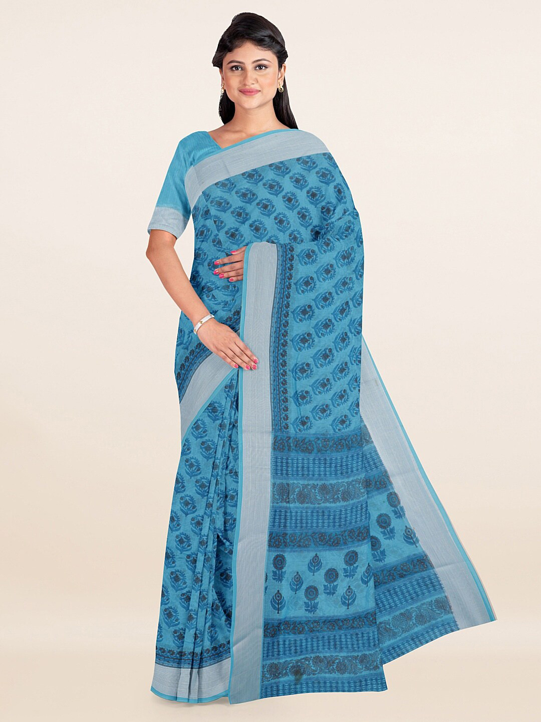 

Pothys Blue & Silver Floral Printed Saree