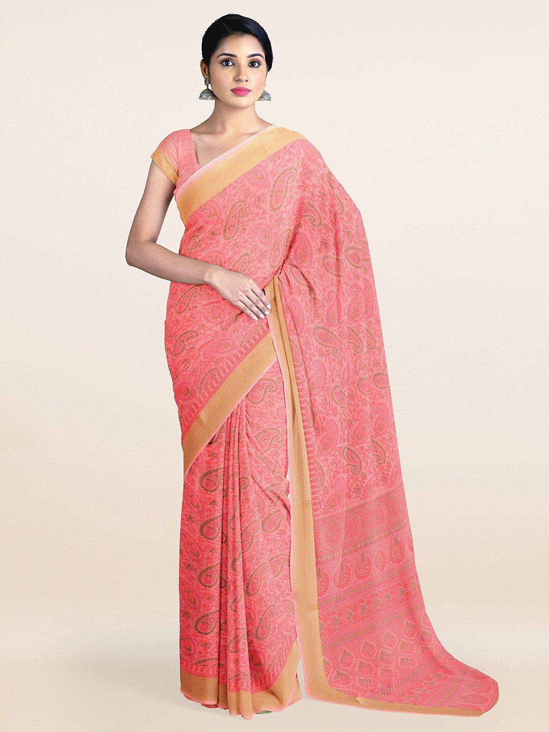 

Pothys Pink & Green Paisley Printed Saree