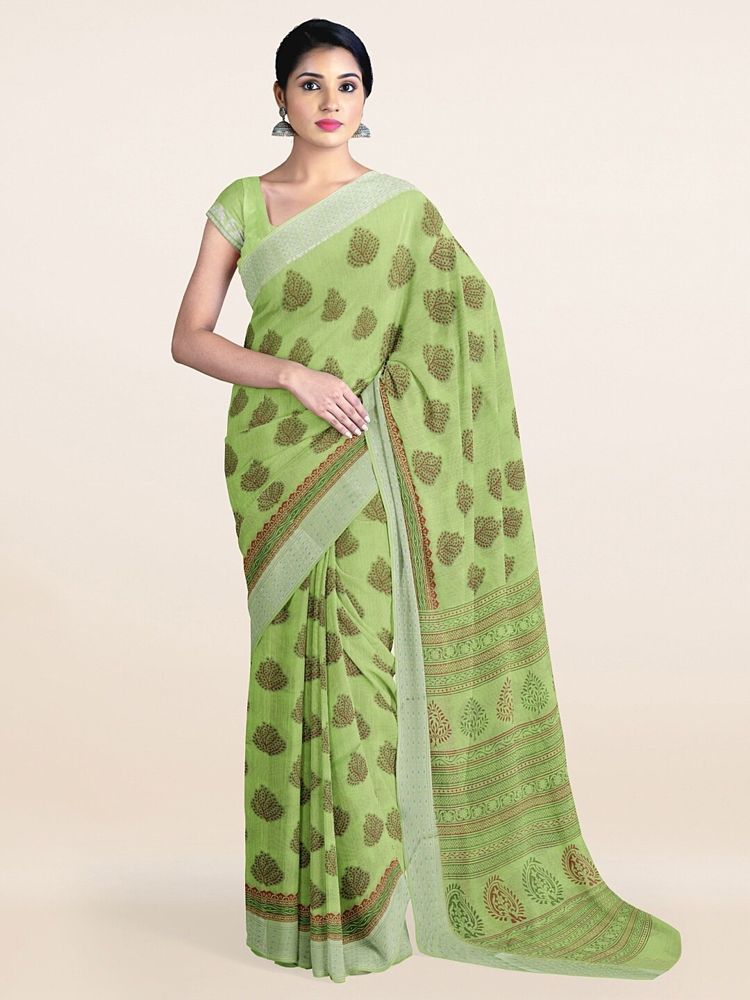 

Pothys Green & Red Ethnic Motifs Cotton Blend Saree