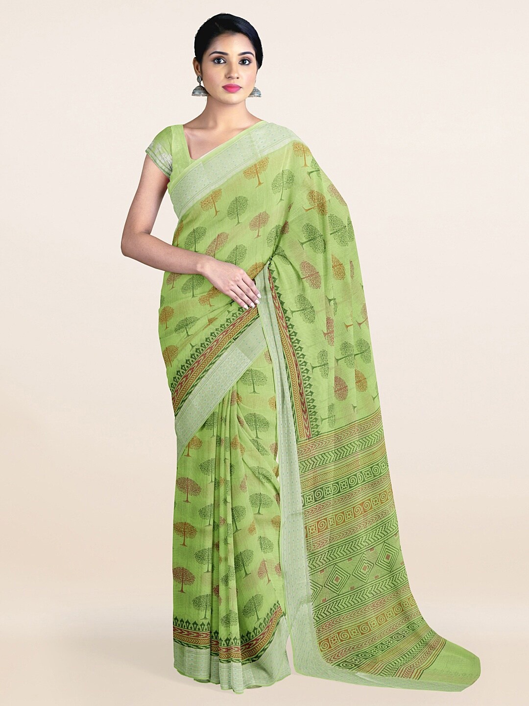 

Pothys Green & Brown Floral Printed Saree