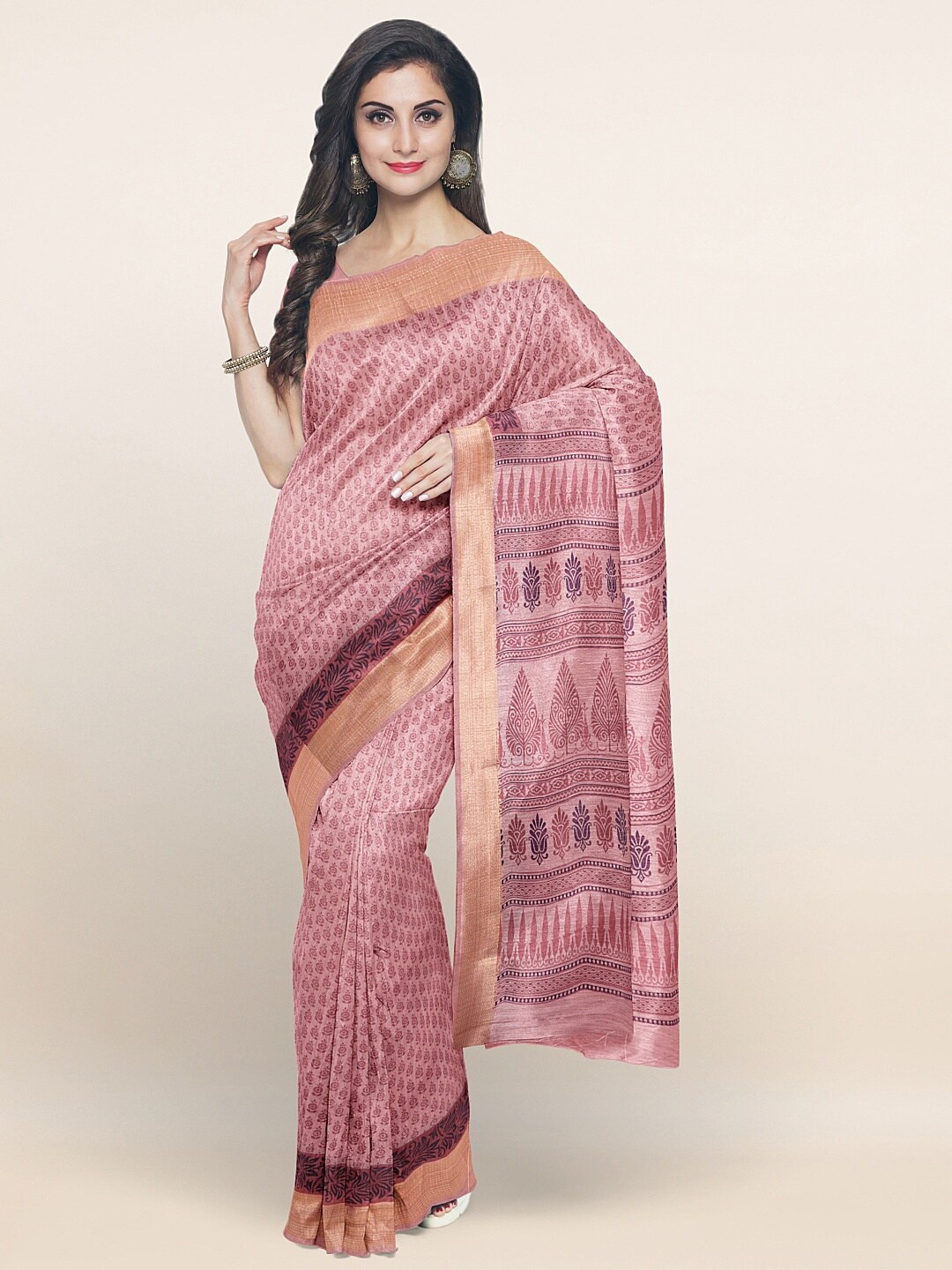 

Pothys Pink & Gold-Toned Floral Printed Saree